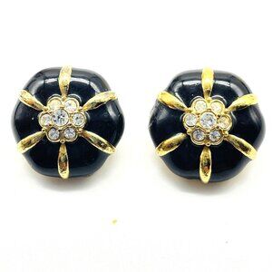 Vintage ATTWOOD UK Clip On Earrings Black Enamel Rhinestone Gold Tone